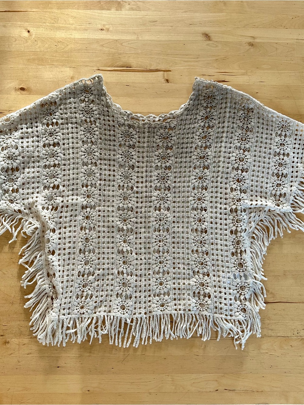 Women’s 100% Cotton Crochet Poncho Top Cream Fringe Oversized Boho